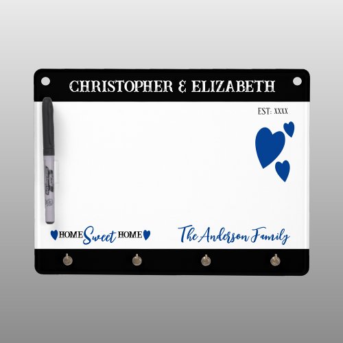 Family name home sweet home hearts deep blue dry erase board with keychain holder