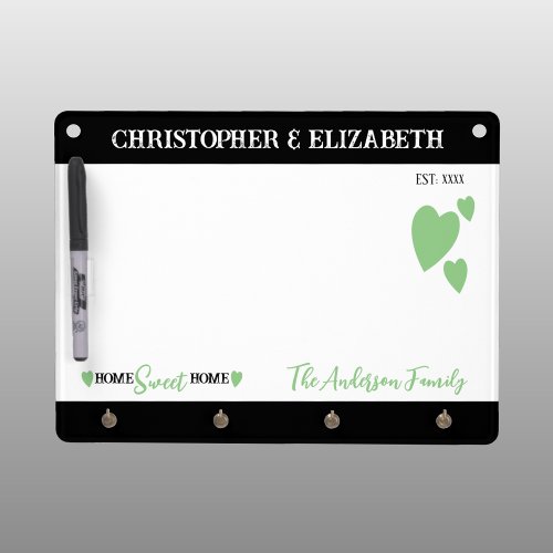 Family name home sweet home hearts green dry erase board with keychain holder