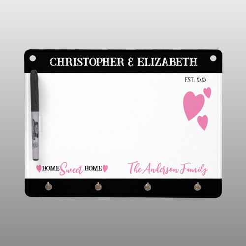 Family name home sweet home hearts pink dry erase board with keychain holder