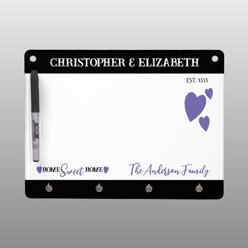 Family name home sweet home hearts purple dry erase board with keychain holder