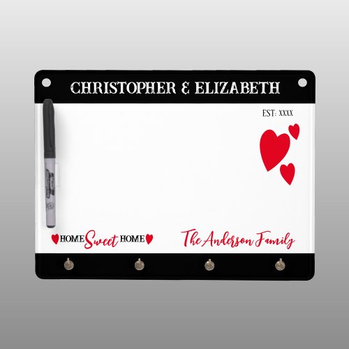 Family name home sweet home hearts red dry erase board with keychain holder