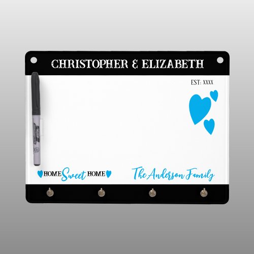 Family name home sweet home hearts sky blue dry erase board with keychain holder