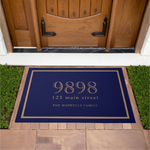 Family Name House Number Address Navy Blue Gold Doormat