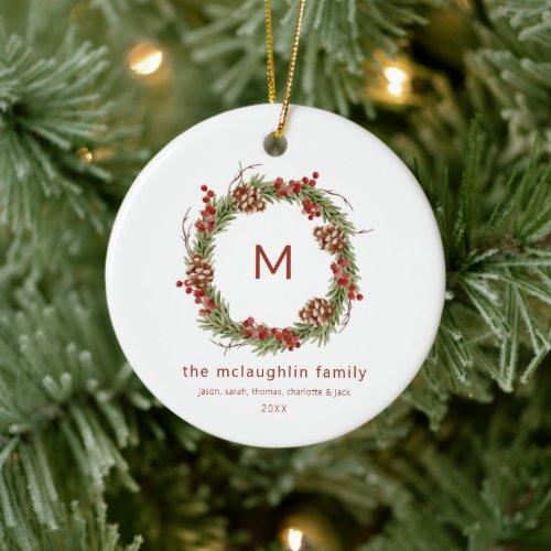 Family Name Initial Christmas Greenery  Ceramic Ornament