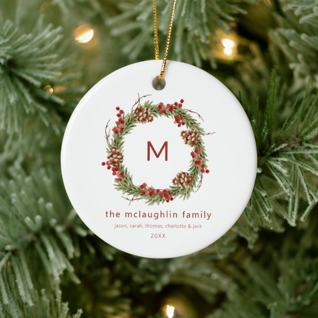 Family Name Initial Christmas Greenery  Ceramic Ornament (Tree)