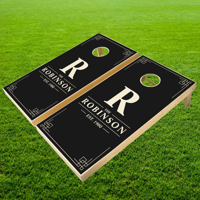 Family Name & Initial in Black | Cream Cornhole Set (Creator Uploaded)