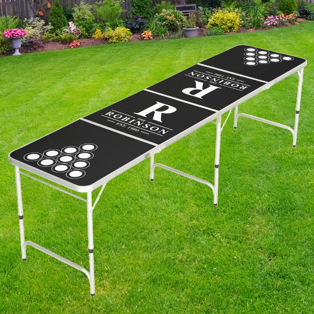 Family Name & Initial in Black | White Cup Layout Beer Pong Table (Creator Uploaded)