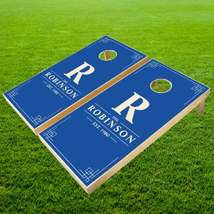 Family Name & Initial in Blue   Cream Cornhole Set