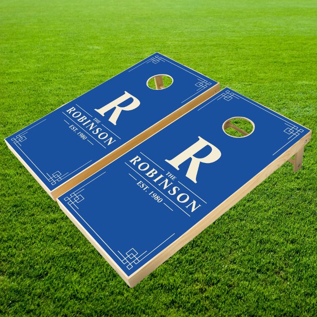 Family Name & Initial in Blue | Cream Cornhole Set (Creator Uploaded)