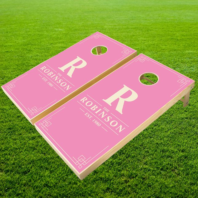 Family Name & Initial in Pink | Cream Cornhole Set (Creator Uploaded)