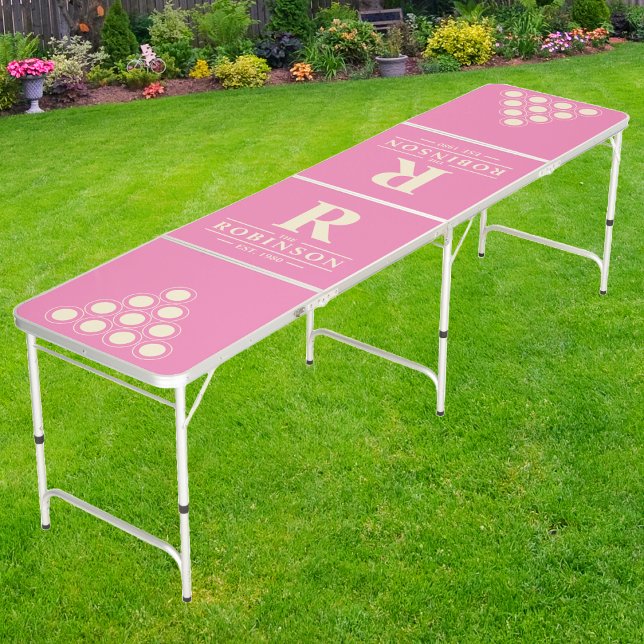 Family Name & Initial in Pink | Cream Cup Layout Beer Pong Table (Creator Uploaded)