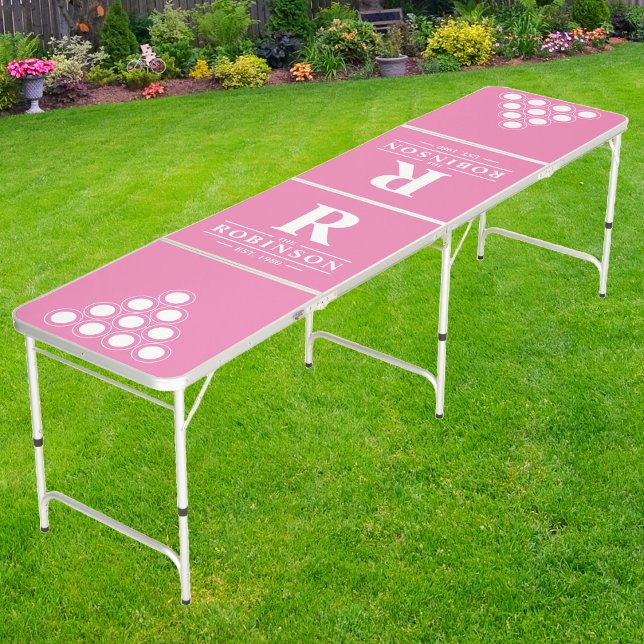 Family Name & Initial in Pink | White Cup Layout Beer Pong Table (Creator Uploaded)