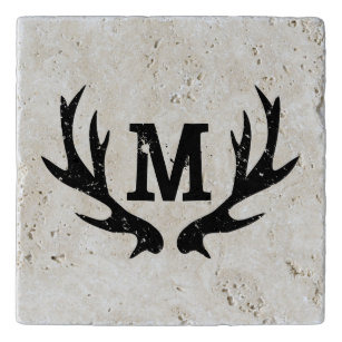 Family name initial monogram vintage deer antler trivet