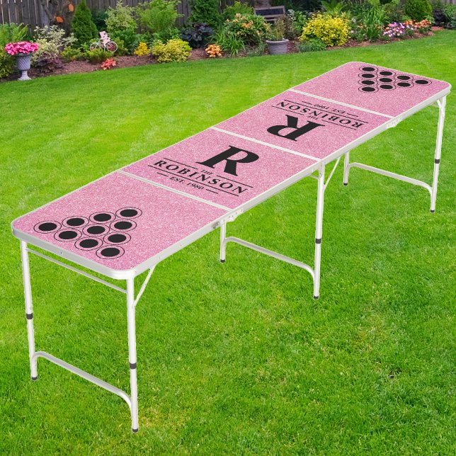 Family Name & Initial Pink Glitter | Black  Beer Pong Table (Creator Uploaded)