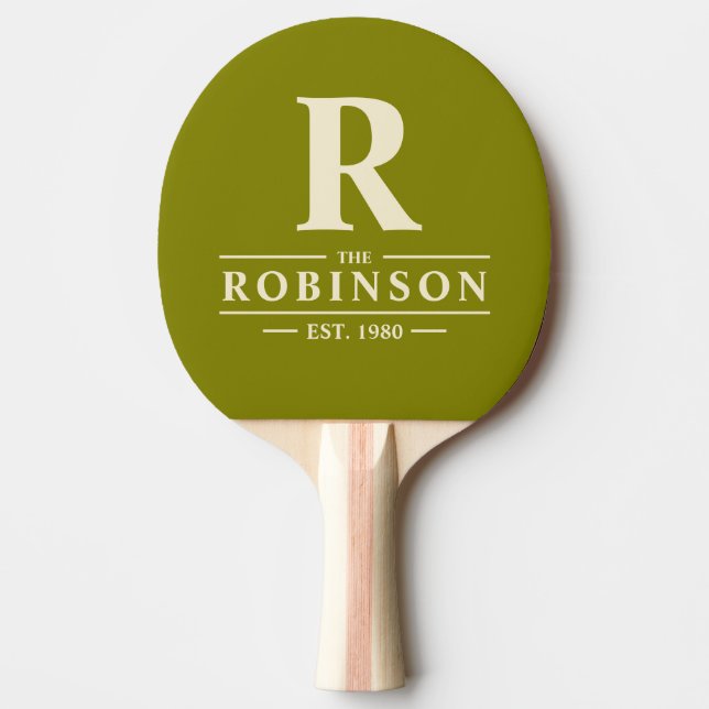 Family Name & Initial Warm Olive Ping Pong Paddle (Front)