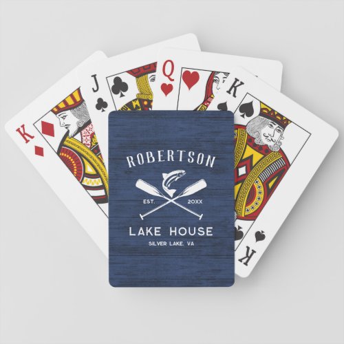 Family Name Lake House Blue Rustic Wood  Playing Cards