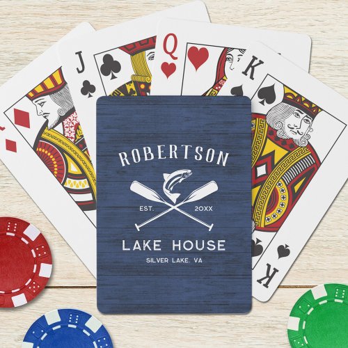 Family Name Lake House Blue Rustic Wood  Poker Cards