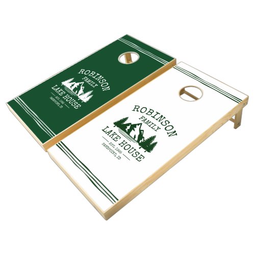 Family Name Lake House Forest Green And White Cornhole Set