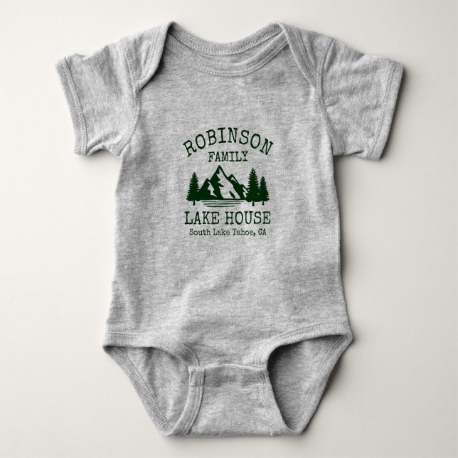 Family Name Lake House Forest Green Silhouette Baby Bodysuit (Front)