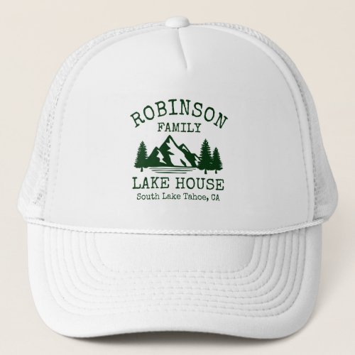 Family Name Lake House Forest Green Silhouette Trucker Hat