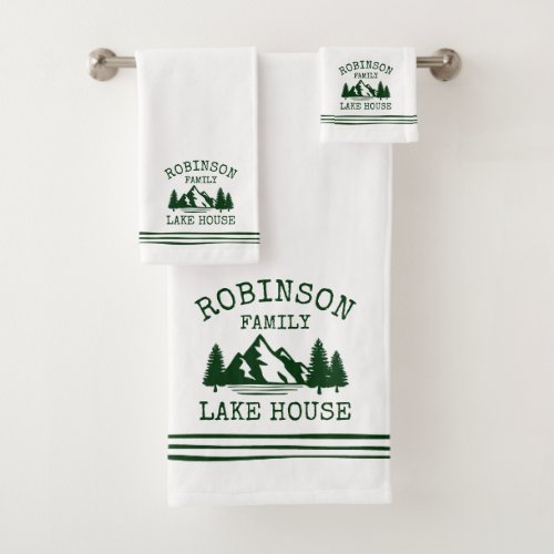 Family Name Lake House Forest Green Trees Bath Towel Set