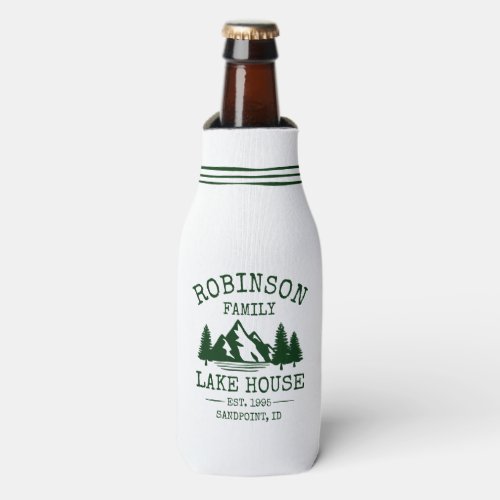 Family Name Lake House Forest Green Trees Bottle Cooler