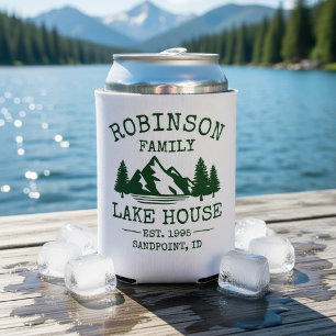 Family Name Lake House Forest Green Trees Can Cooler