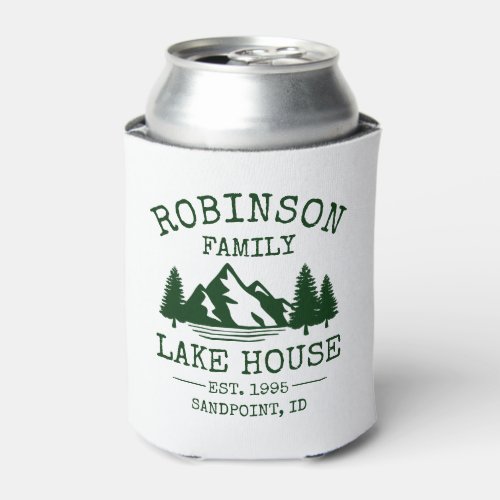 Family Name Lake House Forest Green Trees Can Cooler