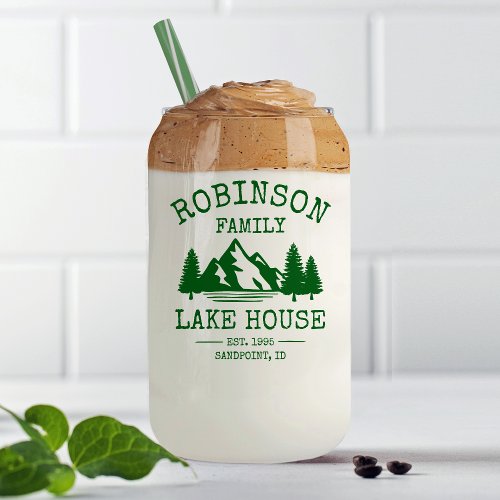 Family Name Lake House Forest Green Trees Can Glass