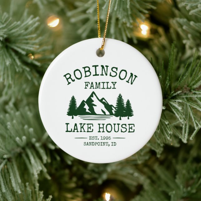 Family Name Lake House Forest Green Trees Ceramic Ornament (Tree)