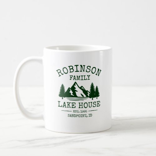 Family Name Lake House Forest Green Trees Coffee Mug