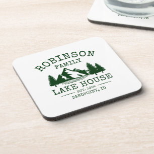 Family Name Lake House Forest Green Trees Corked Beverage Coaster