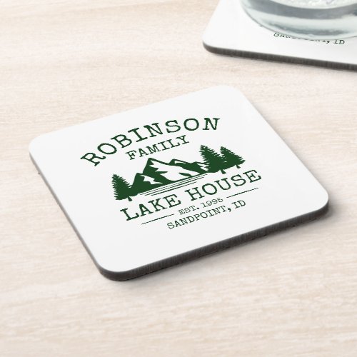 Family Name Lake House Forest Green Trees Corked Beverage Coaster