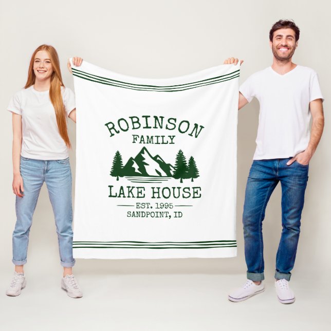 Family Name Lake House Forest Green Trees Fleece Blanket (In Situ)
