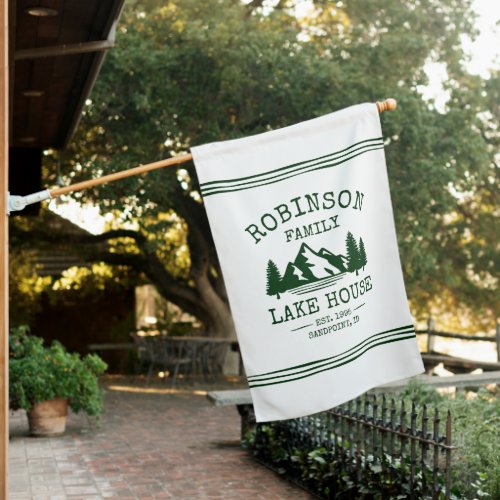 Family Name Lake House Forest Green Trees House Flag