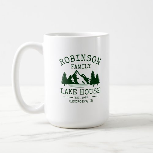 Family Name Lake House Forest Green Trees Large Coffee Mug