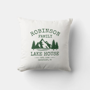 Family Name Lake House Forest Green Trees Outdoor Pillow
