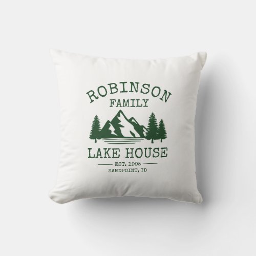 Family Name Lake House Forest Green Trees Outdoor Pillow