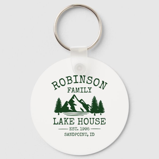 Family Name Lake House Forest Green Trees Round Keychain (Front)