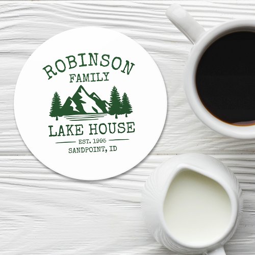 Family Name Lake House Forest Green Trees Round Paper Coaster