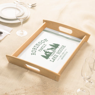 Family Name Lake House Forest Green Trees Serving Tray