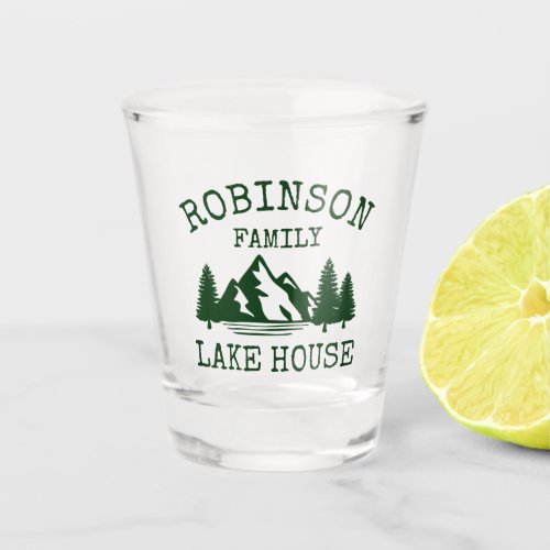 Family Name Lake House Forest Green Trees Shot Glass