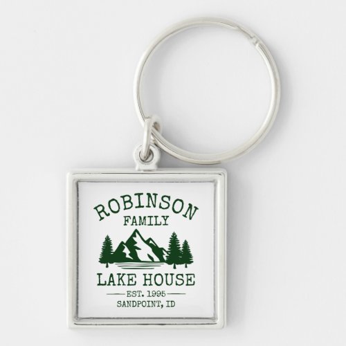 Family Name Lake House Forest Green Trees Silver Keychain