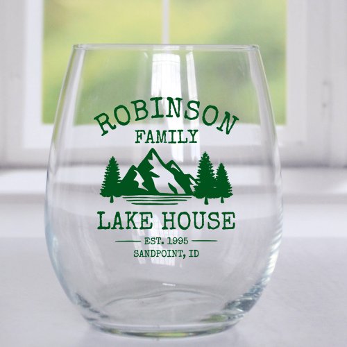 Family Name Lake House Forest Green Trees Stemless Wine Glass