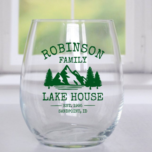 Family Name Lake House Forest Green Trees Stemless Wine Glass (Creator Uploaded)