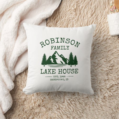 Family Name Lake House Forest Green Trees Throw Pillow