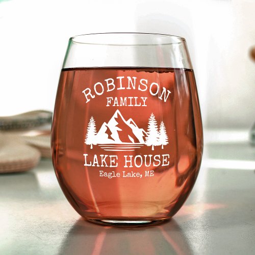 Family Name Lake House Forest Mountains Trees Stemless Wine Glass