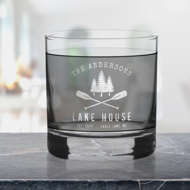 Family Name Lake House Modern Oars Trees Whiskey Glass (Creator Uploaded)