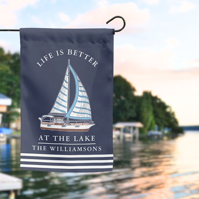 Family Name Lake House Nautical Sailboat Navy Blue Garden Flag (GARDEN FLAG 12" X 18" FOR A LAKE HOUSE OR A BOAT)