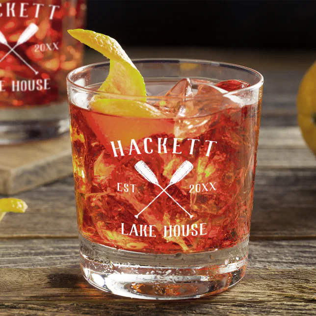 Family Name Lake House Oars Logo Whiskey Glass
